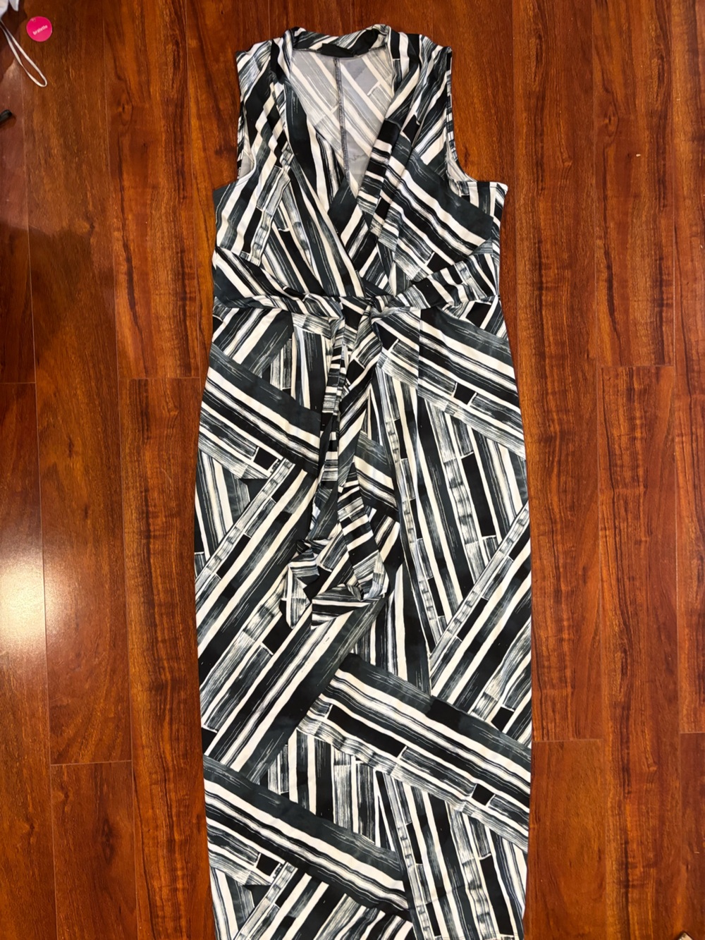 Nina Leonard Black and White Striped Wrap Maxi Dress